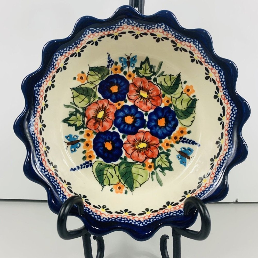 Unikat Polish Pottery 6" Pie Plate Spring Splendor Ramekin Stoneware Blue Orange